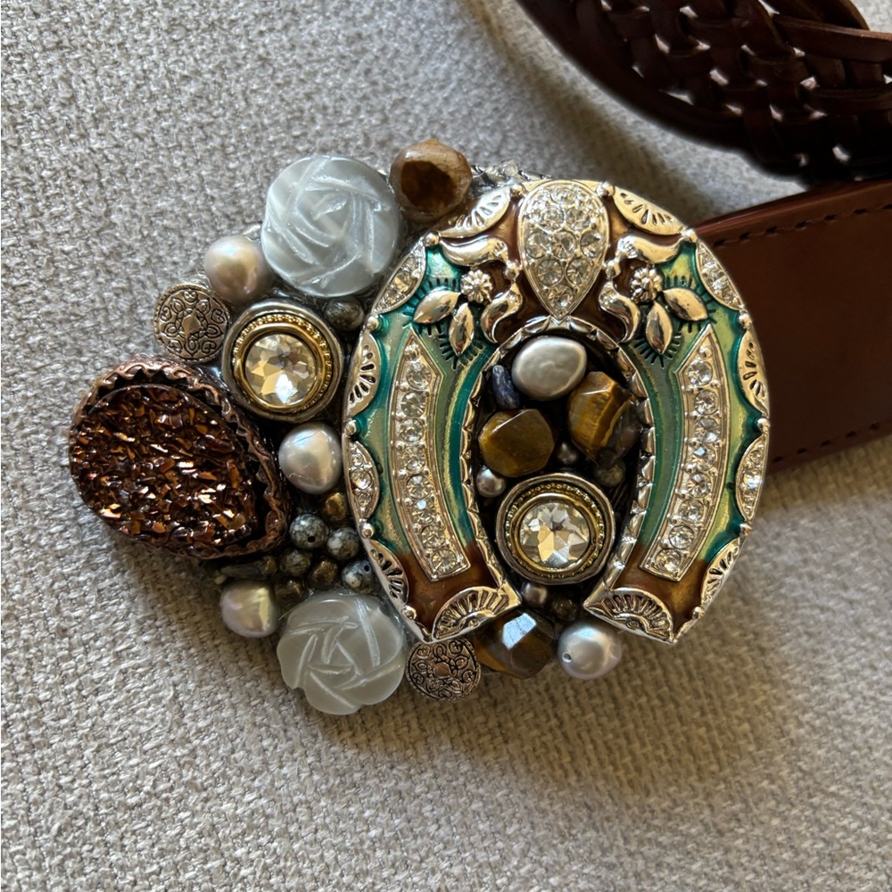 Handmade Decorative Buckle with Woven Brown Leather Belt